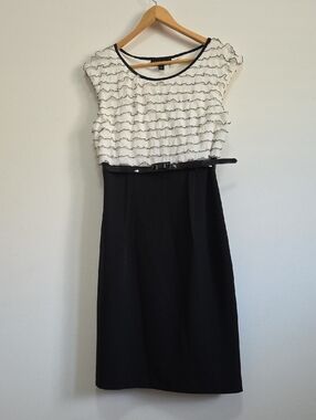 connected apparel Black and White Ruffled Bodice Midi Dress